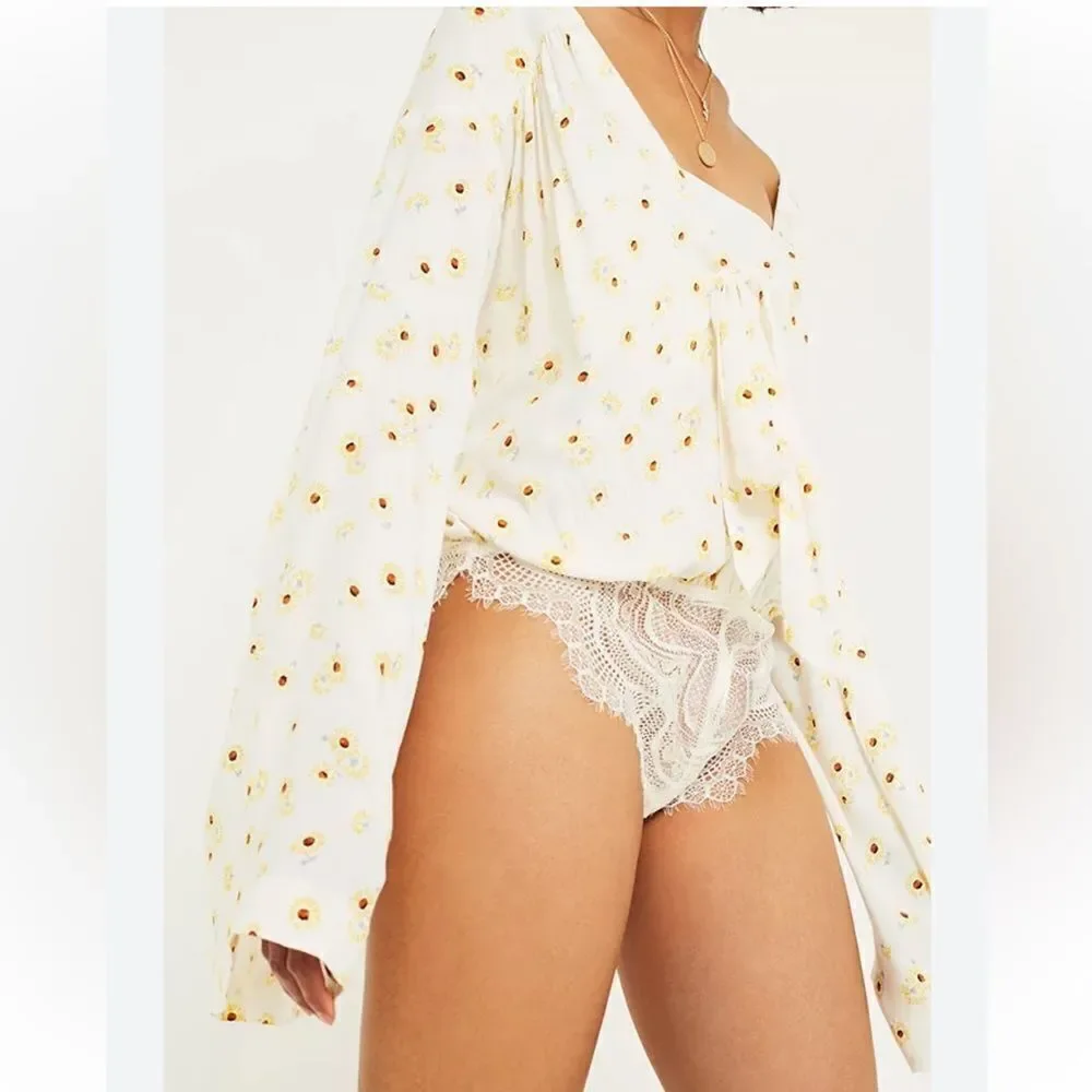 Free People Forties Feels Cream Printed Bodysuit NWT